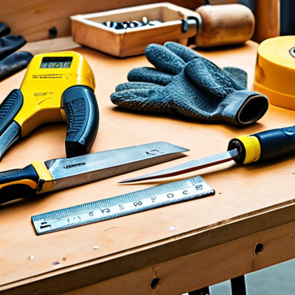 **Image of DIY tools:** "Close-up shot of essential DIY tools neatly arranged on a workbench. Includes a tape measure, utility knife, screwdrivers, hammer, sandpaper, safety gloves, and safety glasses. Focus on the quality and texture of the tools."