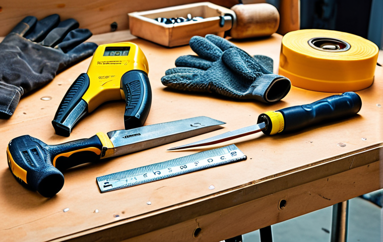 **Image of DIY tools:** "Close-up shot of essential DIY tools neatly arranged on a workbench. Includes a tape measure, utility knife, screwdrivers, hammer, sandpaper, safety gloves, and safety glasses. Focus on the quality and texture of the tools."