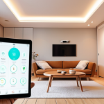 **

`A modern, bright smart home interior. Focus on interconnected devices like smart lighting, thermostat, and a security camera, all controlled by a central tablet. Emphasize clean lines and minimalist design. Consider a soft, warm color palette to convey comfort and accessibility. IoT technology, AI integration, cozy atmosphere, Japanese interior style elements`

**