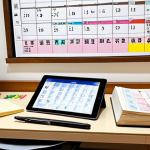 **

A well-lit study space featuring architectural textbooks, past exam papers, and a meticulously organized schedule. Emphasize time management with a calendar app on a tablet and a traditional Japanese planner (手帳) showing detailed study blocks.  Include keywords written on sticky notes such as "建築基準法," "消防法," "バリアフリー法," and "SDGs." The overall impression should be focused and diligent.

**