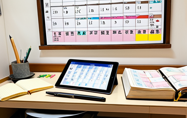 **

A well-lit study space featuring architectural textbooks, past exam papers, and a meticulously organized schedule. Emphasize time management with a calendar app on a tablet and a traditional Japanese planner (手帳) showing detailed study blocks.  Include keywords written on sticky notes such as "建築基準法," "消防法," "バリアフリー法," and "SDGs." The overall impression should be focused and diligent.

**