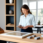 A professional interior designer, fully clothed in modest business casual attire, standing by a spacious workbench. She is meticulously arranging various natural material samples, including light-toned wood, textured stone, and soft linen fabric swatches. In the background, a digital tablet displays a detailed 3D architectural rendering, showing the fusion of analog and digital tools. The studio is brightly lit with natural light, highlighting the textures of the materials.
    *   safe for work, appropriate content, fully clothed, professional, perfect anatomy, correct proportions, natural pose, well-formed hands, proper finger count, natural body proportions, professional photography, high resolution, detailed, realistic, clean aesthetic.