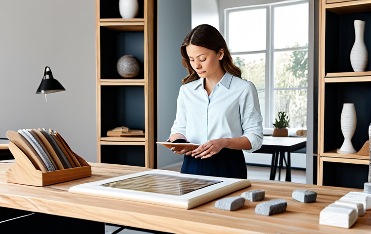 A professional interior designer, fully clothed in modest business casual attire, standing by a spacious workbench. She is meticulously arranging various natural material samples, including light-toned wood, textured stone, and soft linen fabric swatches. In the background, a digital tablet displays a detailed 3D architectural rendering, showing the fusion of analog and digital tools. The studio is brightly lit with natural light, highlighting the textures of the materials.
    *   safe for work, appropriate content, fully clothed, professional, perfect anatomy, correct proportions, natural pose, well-formed hands, proper finger count, natural body proportions, professional photography, high resolution, detailed, realistic, clean aesthetic.