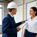 A focused professional female interior designer in a modest business blazer and trousers, standing on a clean, safe construction site. She is holding a rolled blueprint and looking at a measuring tape with a thoughtful, slightly concerned expression. A male contractor in professional work attire stands nearby, pointing towards a wall, engaged in discussion. The background shows a clean, orderly construction environment with some tools and materials. fully clothed, appropriate attire, safe for work, perfect anatomy, correct proportions, natural pose, well-formed hands, proper finger count, natural body proportions, professional photography, high quality, family-friendly.