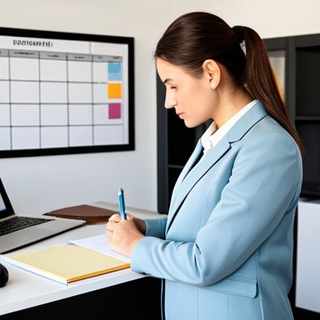 A determined professional female interior design student, dressed in a modest business blazer and neat blouse, standing in a bright, modern home office. She is actively writing on a large white board, which displays a detailed study schedule and calendar. A sleek laptop on the desk beside her shows a digital calendar. The room is clean, organized, with design books neatly arranged on shelves in the background. The lighting is soft and natural, emphasizing focus and productivity. This is a professional photograph, high quality, safe for work, appropriate content, fully clothed, professional dress, perfect anatomy, correct proportions, natural pose, well-formed hands, proper finger count, natural body proportions.