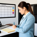 A determined professional female interior design student, dressed in a modest business blazer and neat blouse, standing in a bright, modern home office. She is actively writing on a large white board, which displays a detailed study schedule and calendar. A sleek laptop on the desk beside her shows a digital calendar. The room is clean, organized, with design books neatly arranged on shelves in the background. The lighting is soft and natural, emphasizing focus and productivity. This is a professional photograph, high quality, safe for work, appropriate content, fully clothed, professional dress, perfect anatomy, correct proportions, natural pose, well-formed hands, proper finger count, natural body proportions.