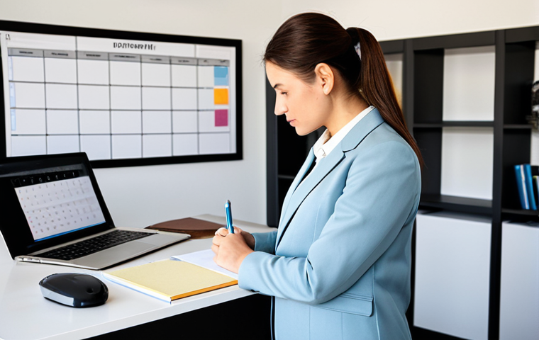 A determined professional female interior design student, dressed in a modest business blazer and neat blouse, standing in a bright, modern home office. She is actively writing on a large white board, which displays a detailed study schedule and calendar. A sleek laptop on the desk beside her shows a digital calendar. The room is clean, organized, with design books neatly arranged on shelves in the background. The lighting is soft and natural, emphasizing focus and productivity. This is a professional photograph, high quality, safe for work, appropriate content, fully clothed, professional dress, perfect anatomy, correct proportions, natural pose, well-formed hands, proper finger count, natural body proportions.