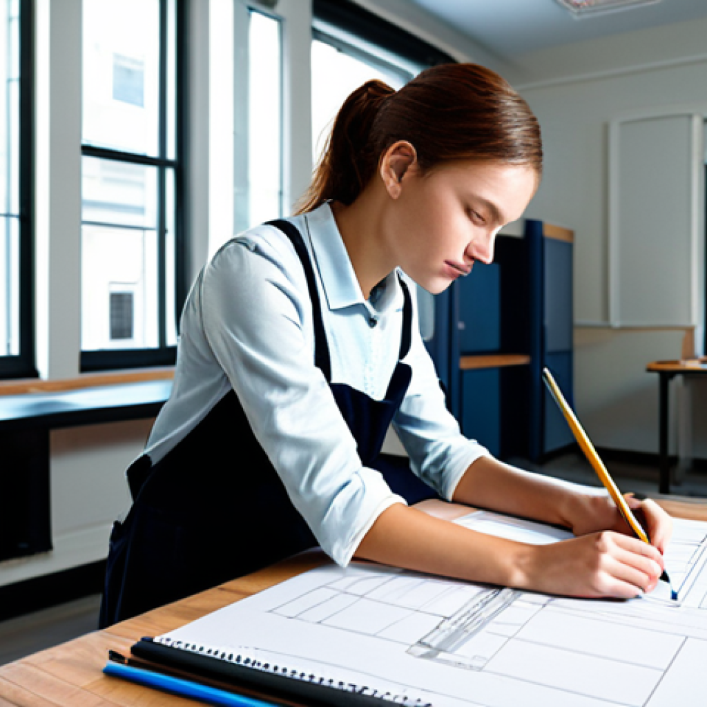 실내건축 실기 시험에서의 주요 평가 기준 - **Prompt:** Interior design student in a practical exam setting, focused on drafting, fully clothed,...