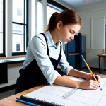 실내건축 실기 시험에서의 주요 평가 기준 - **Prompt:** Interior design student in a practical exam setting, focused on drafting, fully clothed,...
