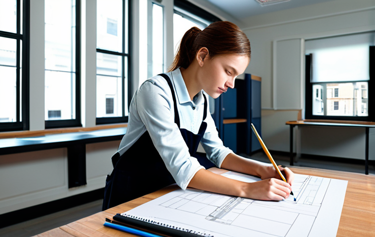 실내건축 실기 시험에서의 주요 평가 기준 - **Prompt:** Interior design student in a practical exam setting, focused on drafting, fully clothed,...