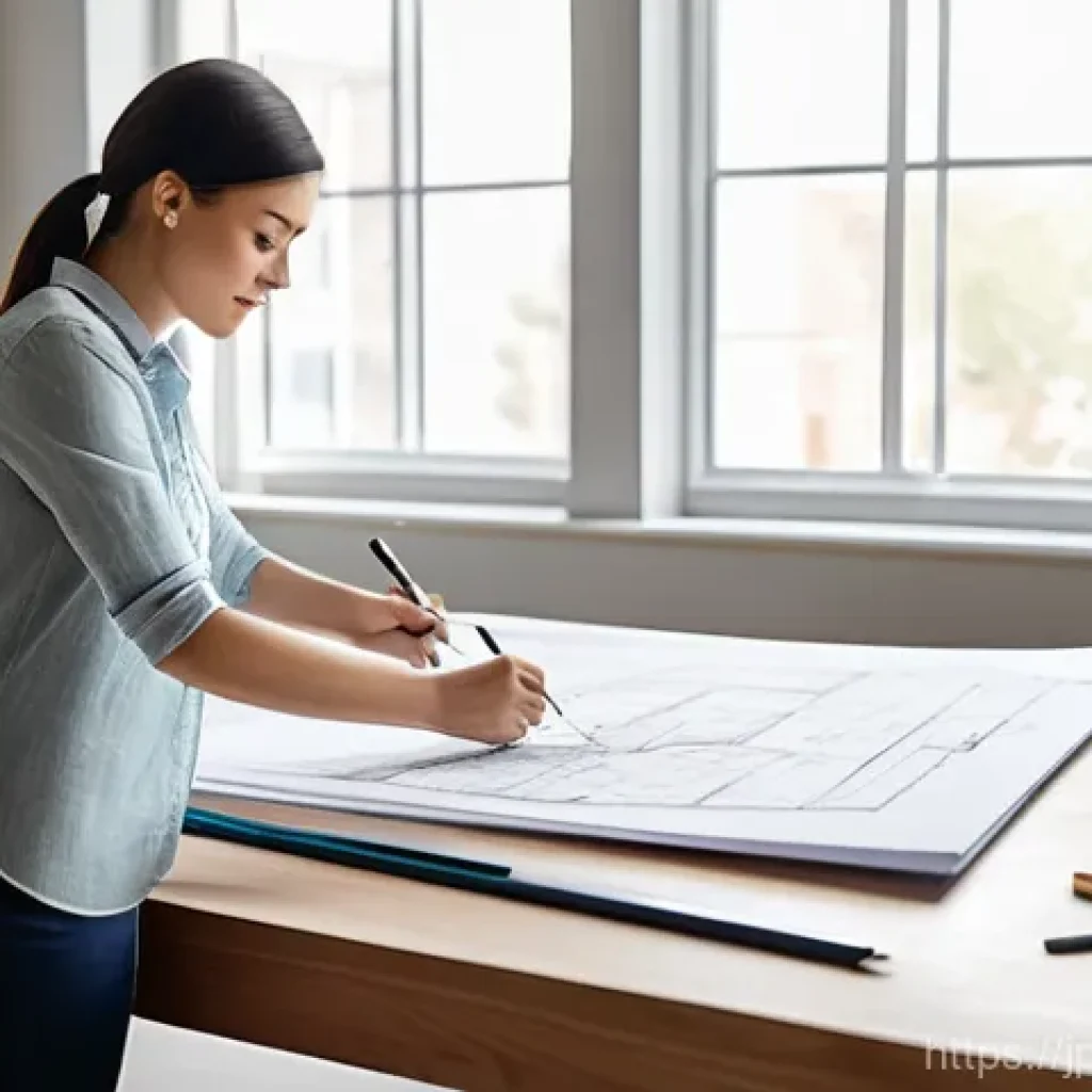실내건축 실기에서 자주 나오는 오류 - **Professional Interior Designer at Drafting Table:** A clean, well-lit studio space, with a female ...