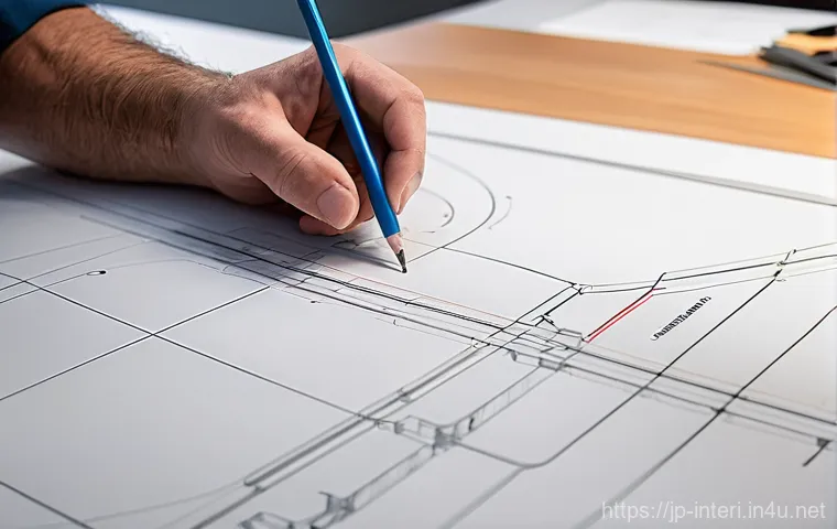 실내건축 실기 시험 준비를 위한 추천 자료 - 3mm mechanical pencil along a metal parallel ruler on a large, white architectural drafting board. H...