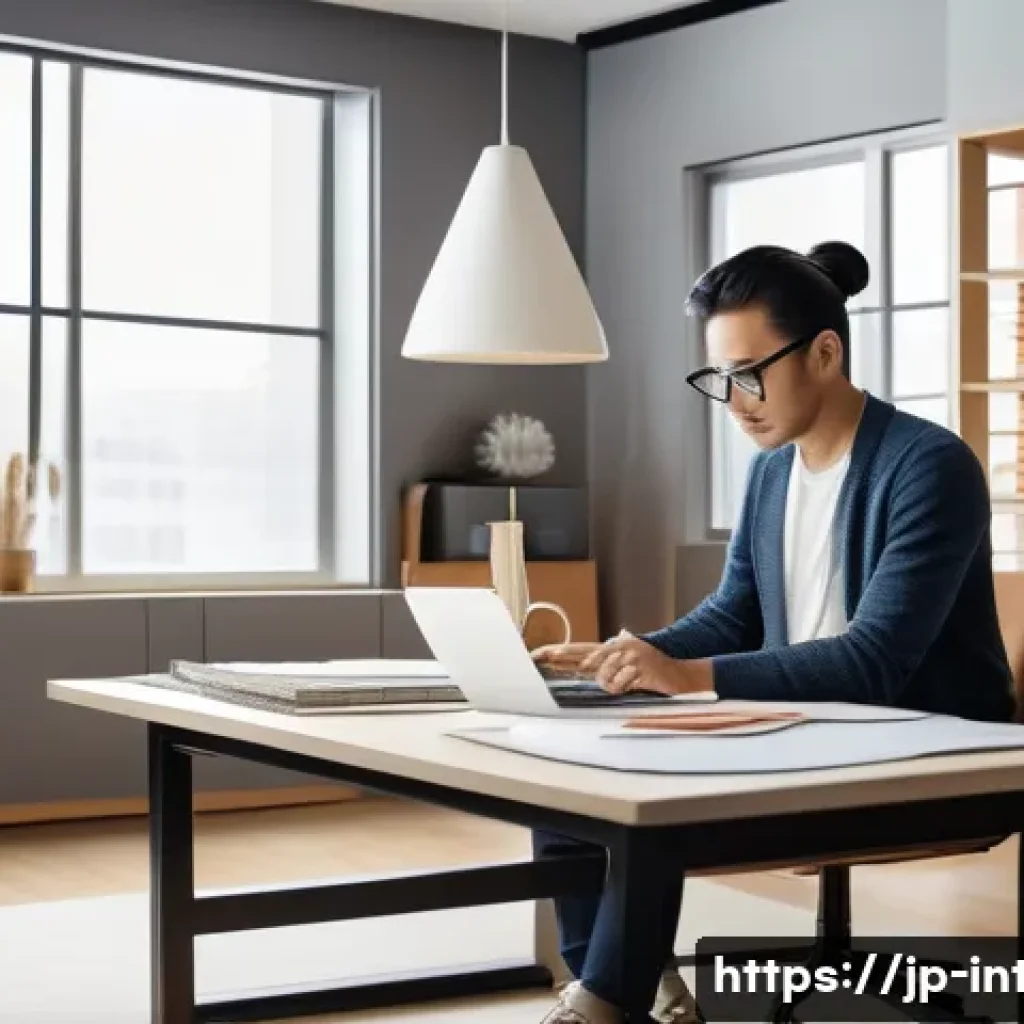 실내건축 전문직으로의 경력 쌓기 - A modern interior designer working in a stylish studio filled with eco-friendly materials and metall...