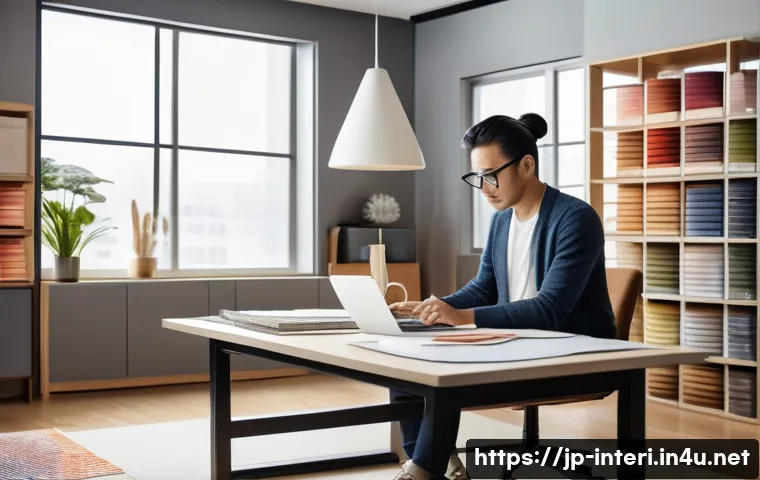 실내건축 전문직으로의 경력 쌓기 - A modern interior designer working in a stylish studio filled with eco-friendly materials and metall...