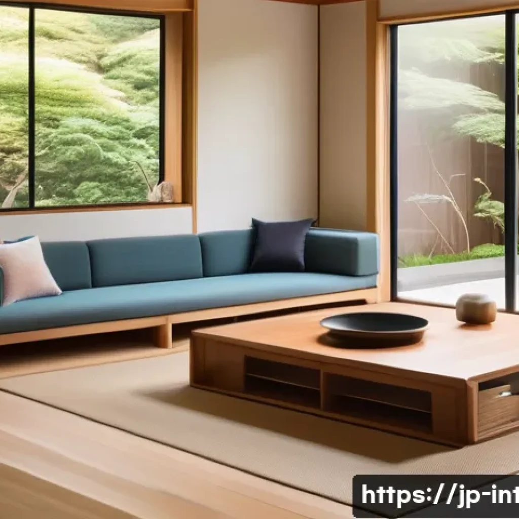 실내건축과 스마트 건축 기술 - A futuristic Japanese-style smart living room bathed in natural light, featuring sleek minimalist fu...