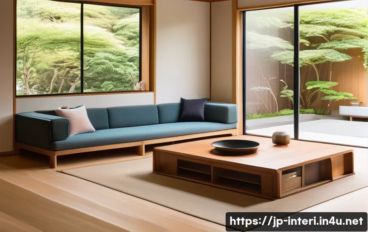 실내건축과 스마트 건축 기술 - A futuristic Japanese-style smart living room bathed in natural light, featuring sleek minimalist fu...