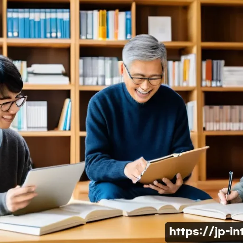 실내건축기사 자격증과 관련된 커뮤니티 - A modern study group scene in Japan, featuring diverse young adults and seniors exchanging study tip...