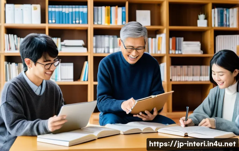 실내건축기사 자격증과 관련된 커뮤니티 - A modern study group scene in Japan, featuring diverse young adults and seniors exchanging study tip...