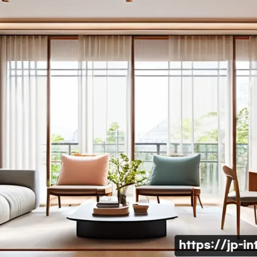 실내건축 이론에서 자주 언급되는 개념 - A modern Japanese living room interior emphasizing smooth traffic flow and spatial zoning, featuring...