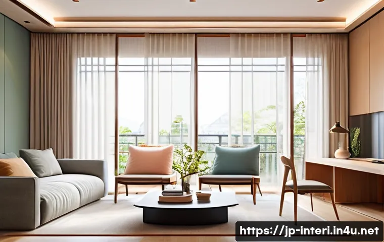 실내건축 이론에서 자주 언급되는 개념 - A modern Japanese living room interior emphasizing smooth traffic flow and spatial zoning, featuring...