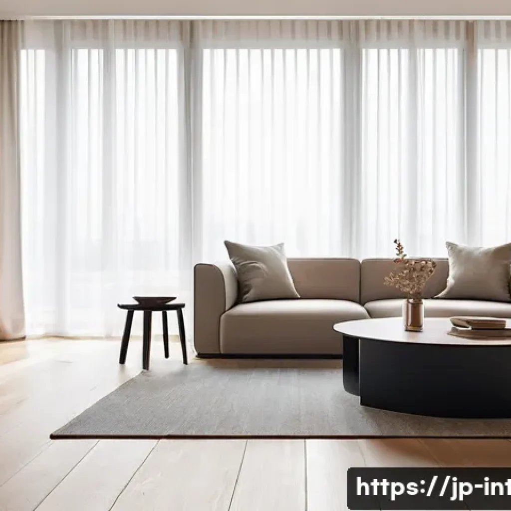 실내건축 실습에서 배우는 기술들 - A modern minimalist living room interior bathed in soft natural light filtering through sheer curtai...
