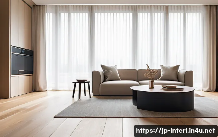 실내건축 실습에서 배우는 기술들 - A modern minimalist living room interior bathed in soft natural light filtering through sheer curtai...