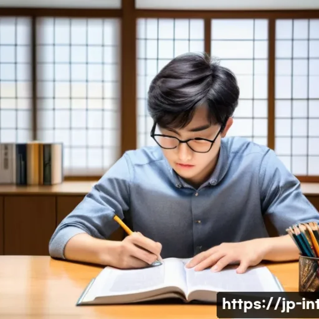실내건축 실기 시험의 합격 방법들 - A focused Japanese student sitting at a neat desk in a modern study room, wearing casual clothes and...