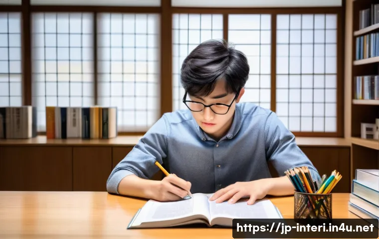 실내건축 실기 시험의 합격 방법들 - A focused Japanese student sitting at a neat desk in a modern study room, wearing casual clothes and...