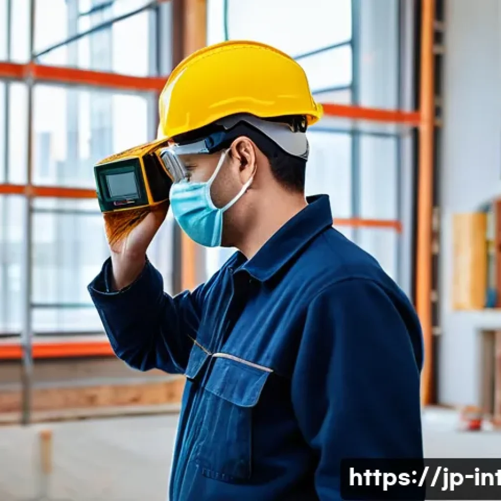 실내건축에서 사용하는 필수 도구 - A professional indoor construction site scene featuring a skilled worker using a modern laser distan...