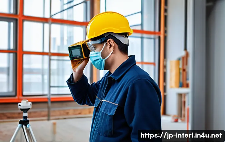 실내건축에서 사용하는 필수 도구 - A professional indoor construction site scene featuring a skilled worker using a modern laser distan...