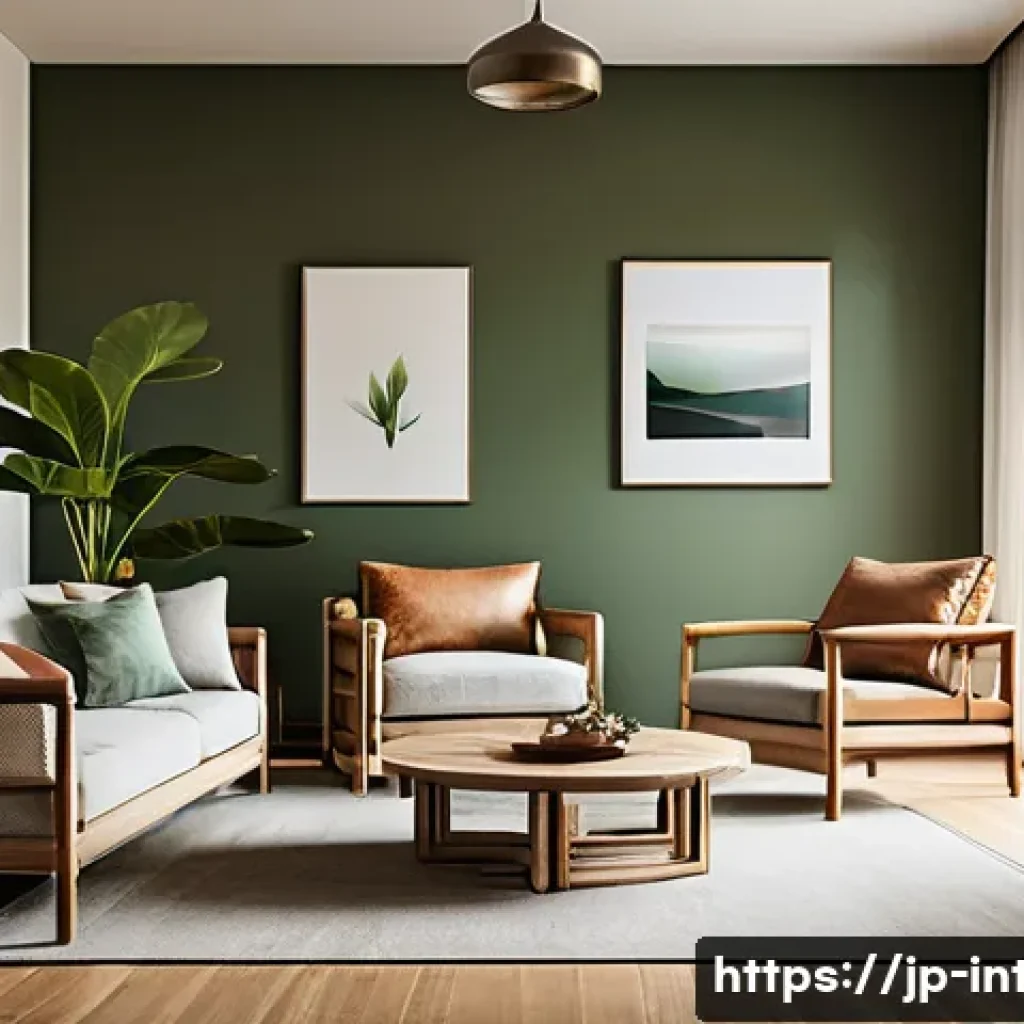 실내건축의 주요 트렌드와 미래 - A cozy, eco-friendly living room interior featuring natural materials such as solid wood flooring ma...