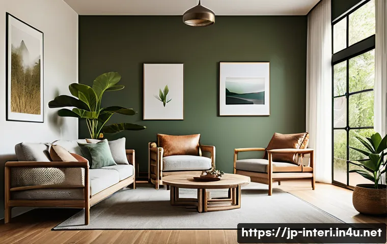 실내건축의 주요 트렌드와 미래 - A cozy, eco-friendly living room interior featuring natural materials such as solid wood flooring ma...