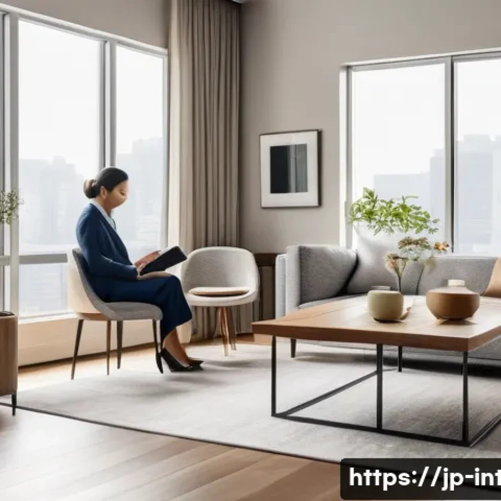 실내건축기사 자격증과 관련된 기타 자격증 - An interior coordinator consulting with clients in a modern living room, wearing professional attire...