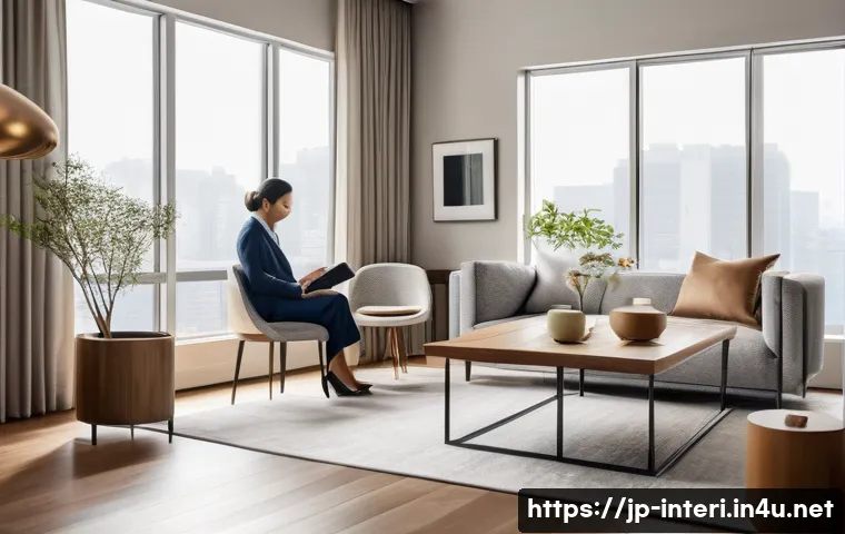 실내건축기사 자격증과 관련된 기타 자격증 - An interior coordinator consulting with clients in a modern living room, wearing professional attire...