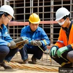 실내건축 실무에서의 안전 관리 - A detailed construction site scene showing diverse workers wearing essential safety gear: sturdy hel...