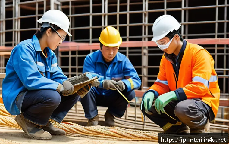 실내건축 실무에서의 안전 관리 - A detailed construction site scene showing diverse workers wearing essential safety gear: sturdy hel...