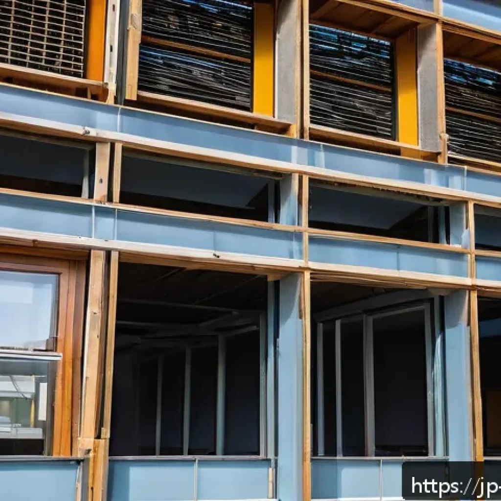 실내건축과 관련된 정부 지원 정책 - A modern Japanese office building undergoing energy-efficient renovation, featuring workers installi...