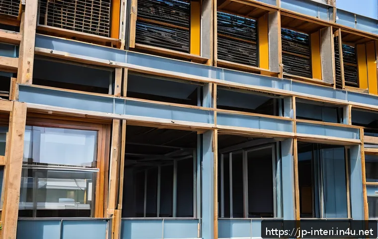 실내건축과 관련된 정부 지원 정책 - A modern Japanese office building undergoing energy-efficient renovation, featuring workers installi...