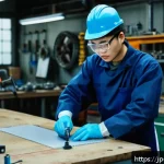 실내건축 실기 시험의 평가 기준 이해 - A focused scene of a Japanese vocational skills practical exam setting, showing a young adult male c...
