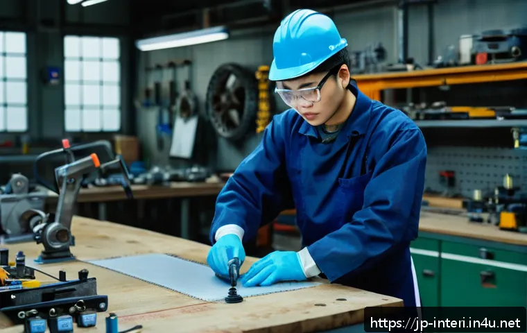 실내건축 실기 시험의 평가 기준 이해 - A focused scene of a Japanese vocational skills practical exam setting, showing a young adult male c...