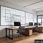 실내건축기사 자격증의 예상 시험 범위 - A modern interior architect&rsquo;s workspace featuring a high-resolution computer screen displaying detai...