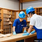 실내건축 실습에서 발생하는 문제와 해결법들 - A modern Japanese workshop scene showing a group of young adults wearing safety helmets, gloves, and...