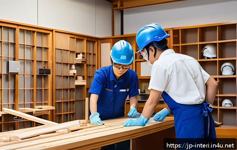 실내건축 실습에서 발생하는 문제와 해결법들 - A modern Japanese workshop scene showing a group of young adults wearing safety helmets, gloves, and...