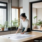 실내건축기사 실기 시험 기출문제 - A modern Japanese indoor architectural design studio scene, showing a young Japanese architect in ca...