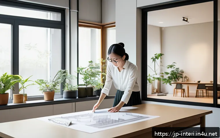 실내건축기사 실기 시험 기출문제 - A modern Japanese indoor architectural design studio scene, showing a young Japanese architect in ca...