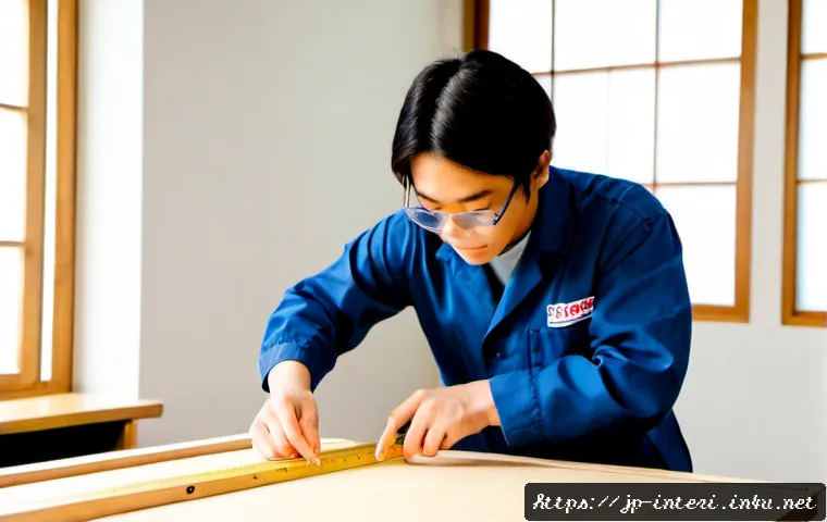 실내건축 실습 중 발생하는 문제 해결법 - Photorealistic interior architecture workshop, a Japanese adult student in clean work clothes and sa...