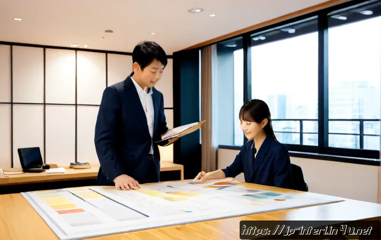 실내건축 신규 입사자 업무 적응법 - Photorealistic Japanese interior architecture studio, a new young professional in smart casual workw...