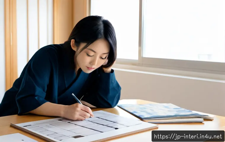 실내건축 이직 시 고려해야 할 사항 - Photorealistic Japanese interior architect in a bright modern studio, thoughtfully reviewing two unb...