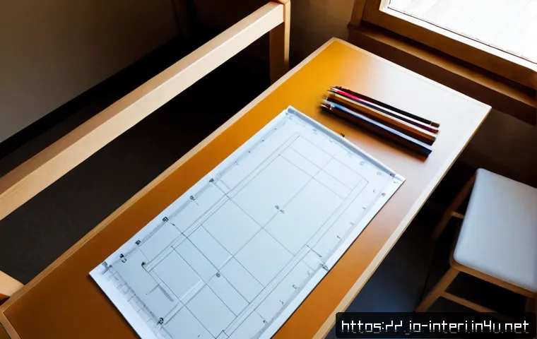 실내건축 실기 시험의 주요 항목들 - Photorealistic interior architecture practical exam workspace, neat overhead view of a drafting tabl...